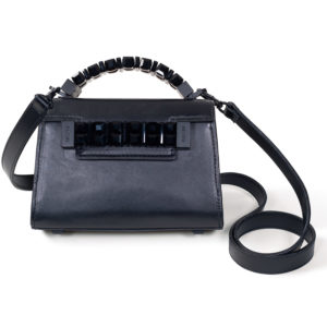 Front view of Mini Jewel Top Handle handbag in black Italian leather with black Swarovski crystals and tonal black hardware on top handle, front plaque, and clasp on matching detachable shoulder strap.