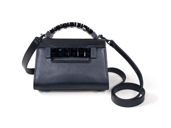 Front view of Mini Jewel Top Handle handbag in black Italian leather with black Swarovski crystals and tonal black hardware on top handle, front plaque, and clasp on matching detachable shoulder strap.