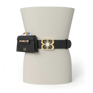 Black Italian leather belt attached to form waist with large yellow gold and clear crystal BB logo stretching just above and below the belt. To the side of the BB logo, the black Rainbow Baby Jewel Crossbody bag is attached to the belt.