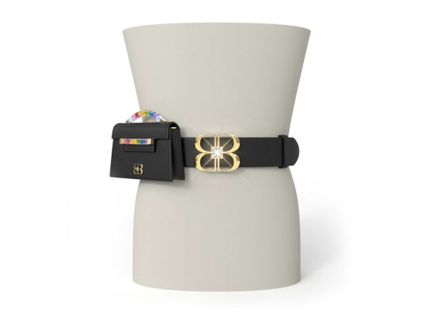 Black Italian leather belt attached to form waist with large yellow gold and clear crystal BB logo stretching just above and below the belt. To the side of the BB logo, the black Rainbow Baby Jewel Crossbody bag is attached to the belt.