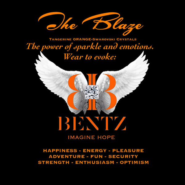 Digital ad for the Promise of Hope - Aura Collection with BB Swarovski logo on white angel wings and Bentz, Imagine Hope at the center. Surrounding orange text reads, “The Blaze. Tangerine Orange-Swarovski Crystals. The power of sparkle and emotions. Wear to Evoke: Happiness, Energy, Pleasure, Adventure, Fun, Security, Strength, Enthusiasm, Optimism.”