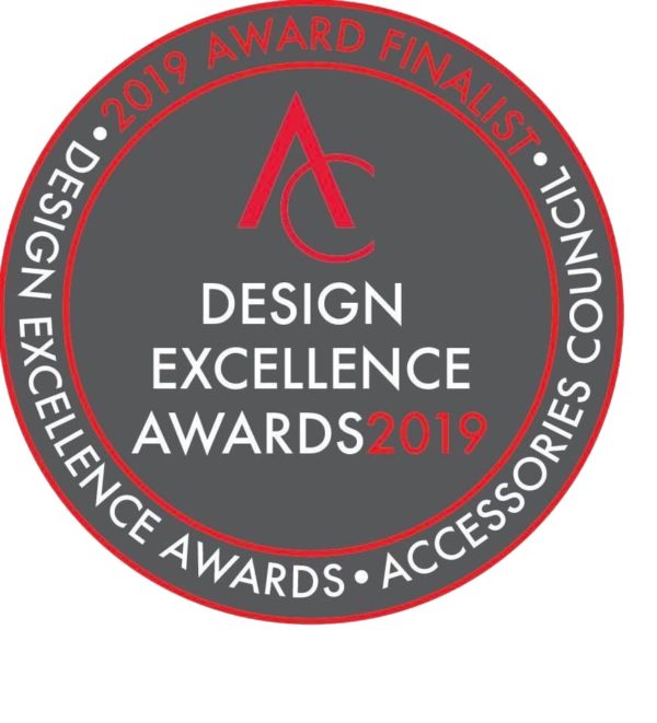 Circular badge award for the Accessories Council Design Excellence Awards 2020. Text around the top outer edge reads, 2020 Award Winner.