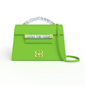 Front view of fern green Baby Jewel Crossbody bag with a tapered trapezoidal shape, clear Swarovski crystal top handle and front strap, yellow gold hardware, yellow gold and crystal BB plaque, and matching green detachable shoulder strap.
